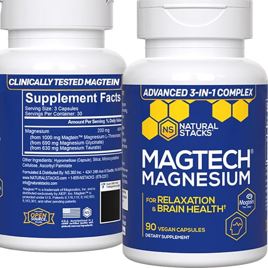 MagTech Magnesium Supplement - Chelated Magnesium Complex - 3 Forms of Magnesium: Magtein Magnesium L-Threonate, Glycinate & Taurate - Supports Relaxation & Brain Health*, 90 Magnesium Capsules