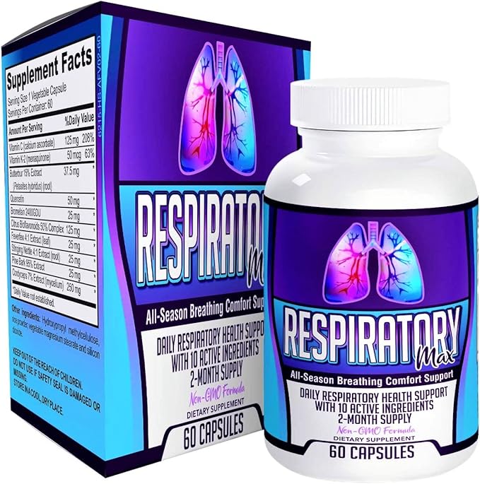 Respiratory-MAX (2-Month Supply) Respiratory Supplements with 10 Active Ingredients - Lung Health Cleanse Detox - Respiratory Support Supplement - Easy to Swallow - 60 Capsules