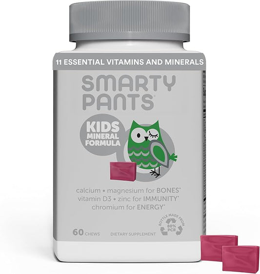 SmartyPants Kids Mineral Chews: Magnesium Citrate & Calcium Supplement with Vitamin D3, Vitamin C, Vitamin K2, Zinc & Selenium for Immune Support, 60 Count (30 Day Supply)