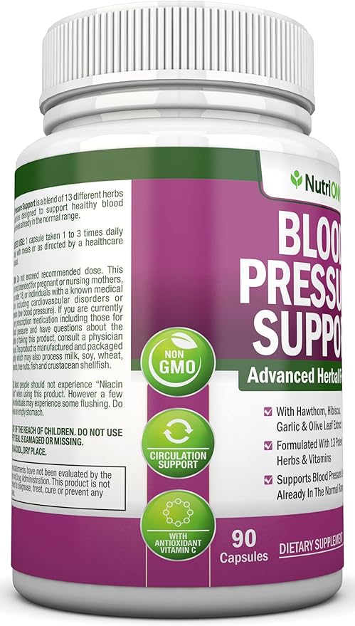 Blood Pressure Support Supplement - 13 Herbs & Vitamins - with Hawthorn, Hibiscus, Garlic & Olive Leaf Extract - Natural Supplement for Women & Men - High Strength Capsules - Non-GMO - 90 Day Supply