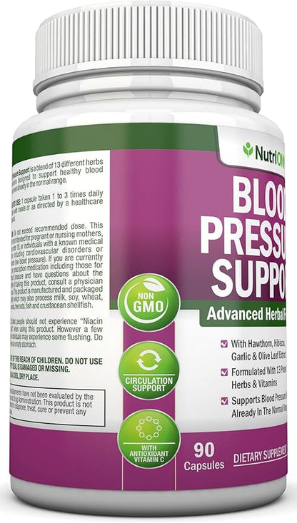 Blood Pressure Support Supplement - 13 Herbs & Vitamins - with Hawthorn, Hibiscus, Garlic & Olive Leaf Extract - Natural Supplement for Women & Men - High Strength Capsules - Non-GMO - 90 Day Supply
