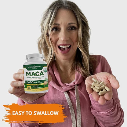 Mother Nature USDA Organic Maca Root Capsules 1600mg, Vegan, Raw Maca Supplement for Stamina, Hormonal Balance & Well-Being, Non-GMO Premium Peruvian Maca for Men & Women, Reproductive Health (90ct)