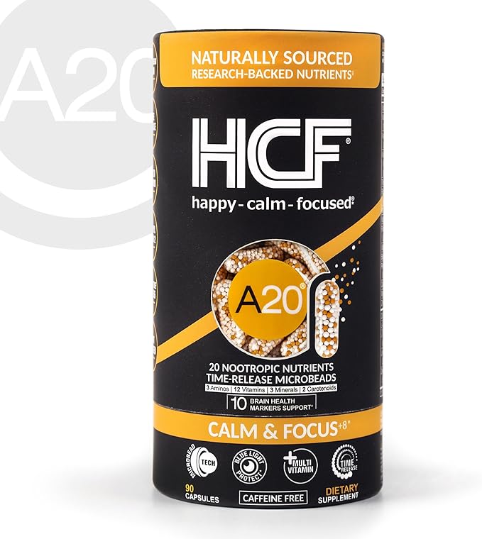 HCF A20 Microbead Brain Supplements for Memory and Focus + Brain Support, Calm, Mood, Alertness, Attention, Vision, Sleep, Immune System, 20 Premium Nootropic Nutrients Multivitamin & 7 Advances® Tech