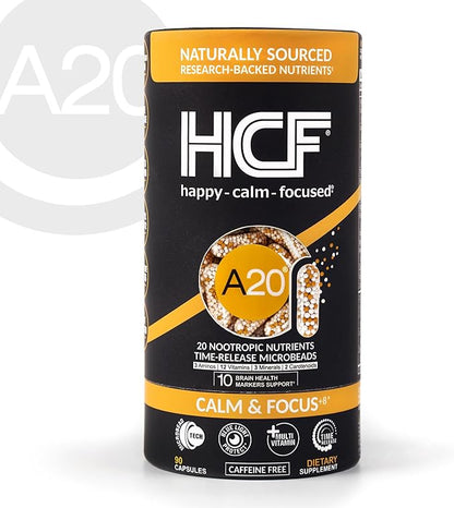 HCF A20 Microbead Brain Supplements for Memory and Focus + Brain Support, Calm, Mood, Alertness, Attention, Vision, Sleep, Immune System, 20 Premium Nootropic Nutrients Multivitamin & 7 Advances® Tech