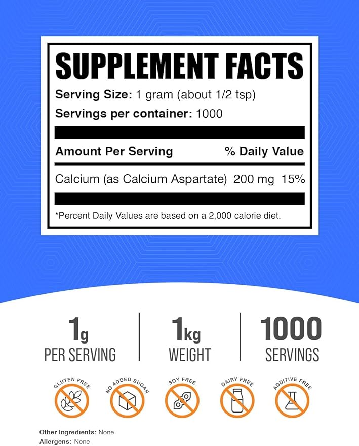 BulkSupplements.com Calcium Aspartate Powder - Calcium Supplement Powder, Calcium Aspartate 200mg - Gluten Free, 1000mg (200mg Calcium) per Serving, 1kg (2.2 lbs) (Pack of 1)