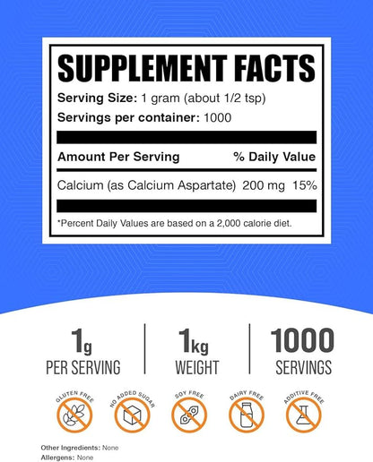 BulkSupplements.com Calcium Aspartate Powder - Calcium Supplement Powder, Calcium Aspartate 200mg - Gluten Free, 1000mg (200mg Calcium) per Serving, 1kg (2.2 lbs) (Pack of 1)
