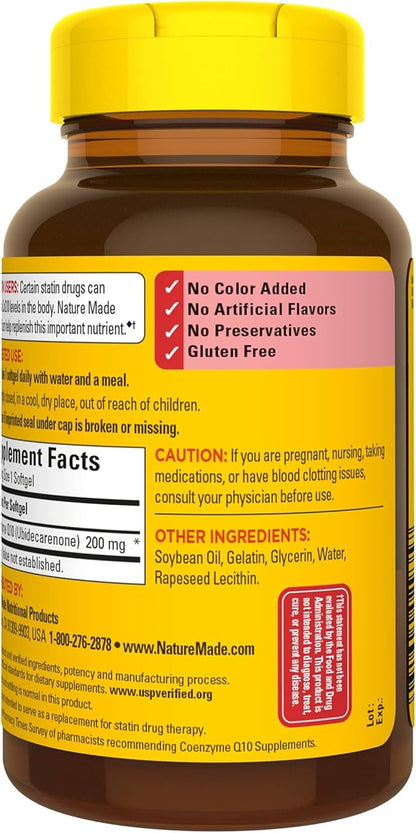 Nature Made CoQ10 200 mg, Dietary Supplement for Heart Health and Cellular Energy Production, 100 Softgels, 100 Day Supply