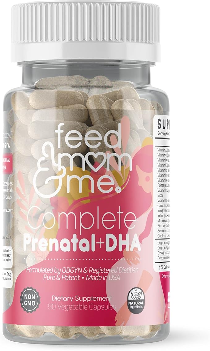 Feed Mom & Me Prenatal Vitamin + DHA, 22 Vitamins & Minerals for Baby’s Development & Mom Nourishment: Folate, Selenium, Iron, Choline, Vitamin C, D3, Calcium, Gluten & Soy Free, NON-GMO 30 Day Supply