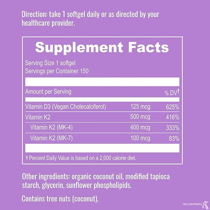 UpNourish Certified Vegan Vitamin D3 5000 IU K2 MK4 MK7 500 mcg Supplement, 150 Softgels, Plant Based Liposomal Vitamin D K with Organic Coconut Oil, Non GMO, Gluten and Gelatin Free