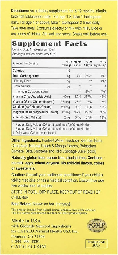 CATALO Children’s Liquid Calcium with Magnesium & Zinc, Peach and Mango Flavor, Multi-Minerals Profile Supports Bone & Teeth Growth, Boosts Immunity, High Absorbable, No Artificial Colors or Flavors