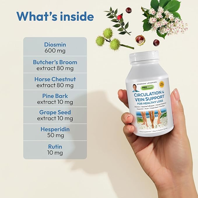 ANDREW LESSMAN Circulation & Vein Support for Healthy Legs 180 Capsules - High Bioactivity Diosmin, Butcher's Broom, Visibly Reduces Swelling & Discomfort in Feet, Ankles, Calves, Legs