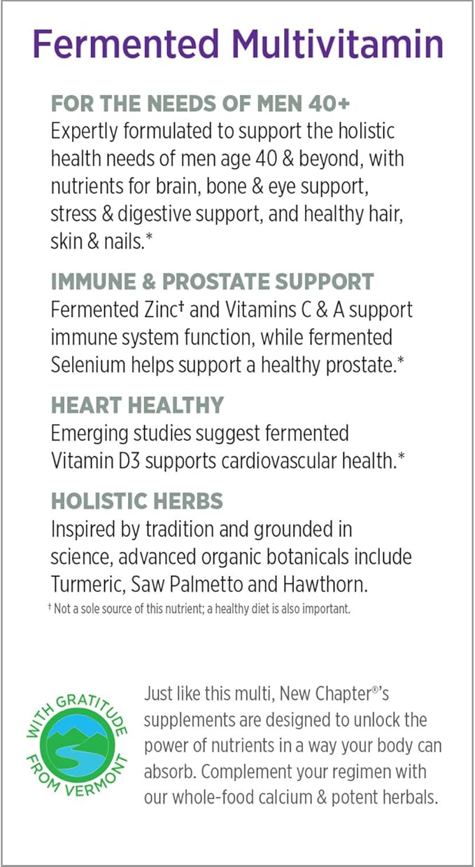 New Chapter Men's Multivitamin, Every Man's One Daily 40+, Fermented with Probiotics + Saw Palmetto + B Vitamins + Vitamin D3 + Organic Non-GMO Ingredients - 24 Count