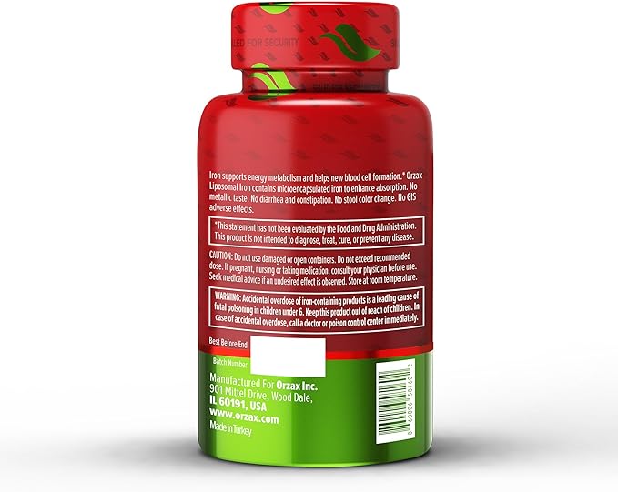ORZAX Iron Supplement 25 mg -Liposomal Technology- High Bioavailability 90 Vegetable Capsules, Helps New Blood Cell Production, Non-Constipating, Non-GMO & Gluten Free, for Women, Men, Adults