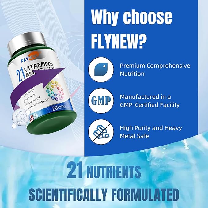 21 Vitamins &Minerals All-in-One Support, Multivitamin, Vitamin A, K2, D3,. Calcium, Zinc, Made in USA 20 Capsules