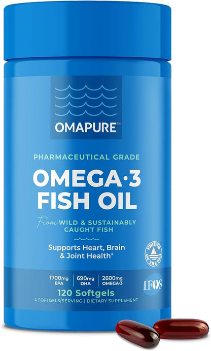 Fish Oil Supplements with Omega 3 Fatty Acids (1 Bottle, 120 Softgels) - High EPA, DHA, & IFOS Fish Oil Pills Support Heart & Joint Health - Burpless Fish Oil Promotes Brain Function