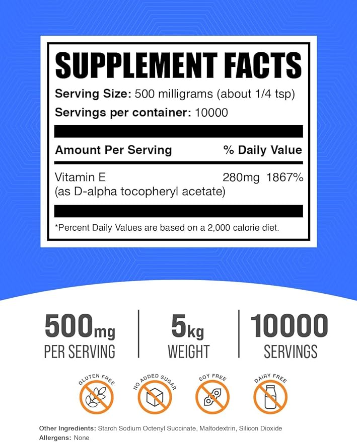 BulkSupplements.com Vitamin E 400 IU Powder - as D-Alpha Tocopherol, Vitamin E Supplements, Vitamin E Powder - Gluten Free, 500mg per Serving, 5kg (11 lbs) (Pack of 5)