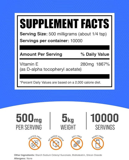 BulkSupplements.com Vitamin E 400 IU Powder - as D-Alpha Tocopherol, Vitamin E Supplements, Vitamin E Powder - Gluten Free, 500mg per Serving, 5kg (11 lbs) (Pack of 5)