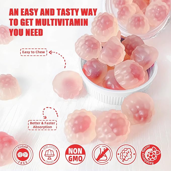 Sugar Free Vitamin ADK+B12 Gummies with Vitamin D3 K2 B12 K2 (MK-7) Chewable Vegan Multivitamin Supplement for Men Women Bone Brain Immune Skin Eye Heart 60 Counts Raspberry Flavored 1 Pack