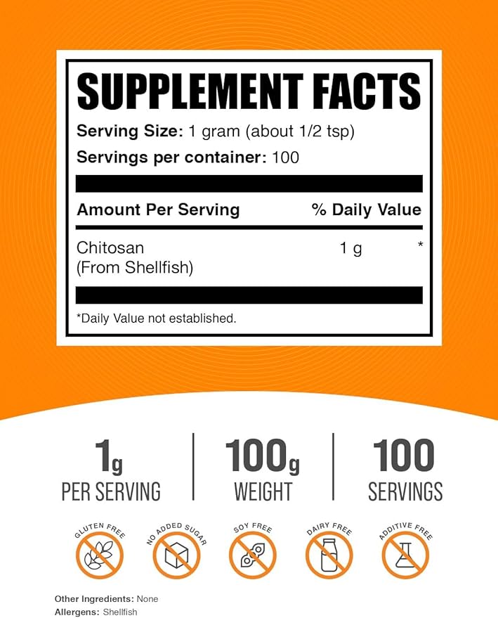 BulkSupplements.com Chitosan Powder - Chitosan 1000mg, Chitosan Supplements - Food Grade, Gluten Free & Soy Free, 1000mg per Serving, 100g (3.5 oz) (Pack of 1)