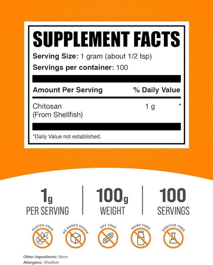 BulkSupplements.com Chitosan Powder - Chitosan 1000mg, Chitosan Supplements - Food Grade, Gluten Free & Soy Free, 1000mg per Serving, 100g (3.5 oz) (Pack of 1)