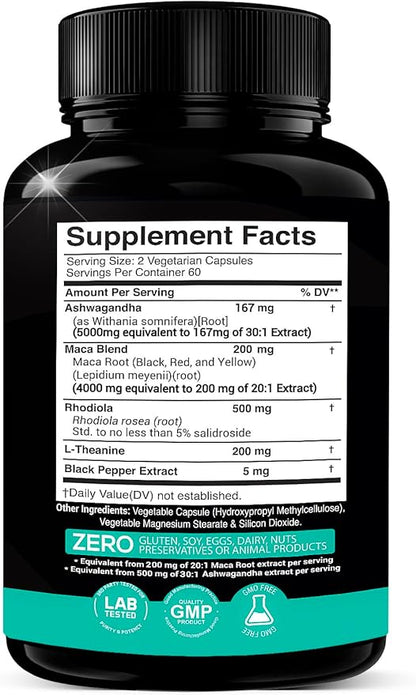 Ashwagandha 5,000mg + Maca Root Black, Red, Yellow 4,000mg, Rhodiola & L-Theanine: 30:1 Extract Ashwagandha Capsules, 20:1 Extract Maca Root Capsules - Supplement for Men and Women