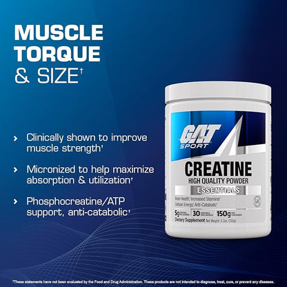 GAT SPORT Creatine Monohydrate Powder, Strength, Brain Health, Anti-oxidant, Endurance, for Men & Women, Unflavored (30 Servings)