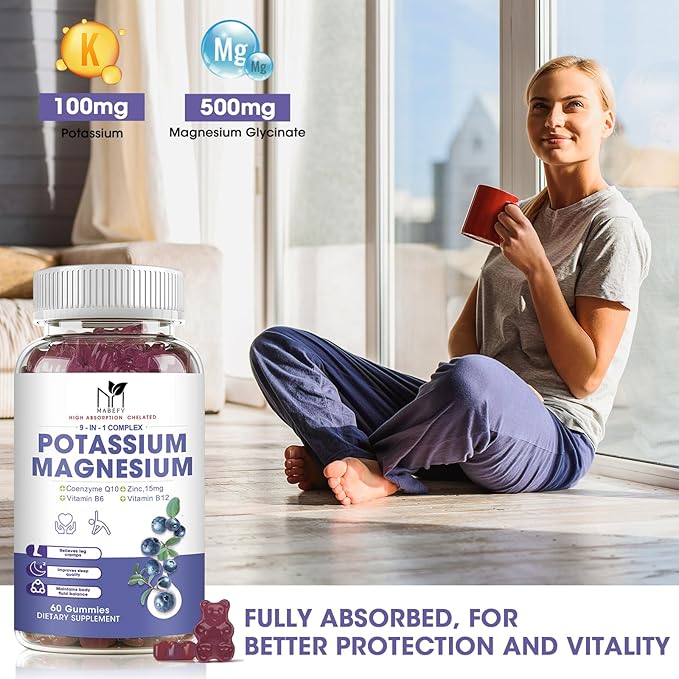 Potassium Magnesium Gummies 1800mg, Sugar-Free Potassium Gummies with Magnesium Glycinate, Taurate, Malate, Chewable Magnesium Potassium Supplements for Leg Cramps & Muscle, Heart Health (2 Pack)