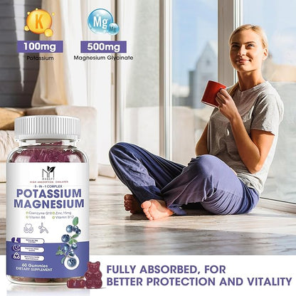Potassium Magnesium Gummies 1800mg, Sugar-Free Potassium Gummies with Magnesium Glycinate, Taurate, Malate, Chewable Magnesium Potassium Supplements for Leg Cramps & Muscle, Heart Health (2 Pack)