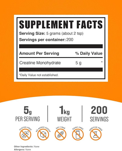 BulkSupplements.com Creatine Monohydrate Powder - Creatine Supplement, Micronized Creatine 1kg, Creatine Powder - Unflavored & Gluten Free, 5g (5000mg) per Servings, 1kg (2.2 lbs) (Pack of 1)