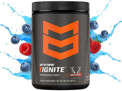 MTN OPS Ignite Energy Drink Powder, Gluten Free Nitric Oxide Supplement Drink Mix, L Arginine, L Citrulline, Caffeine & Nootropic Sugar Free Drink Mix, 45 Servings, Bugle Berry