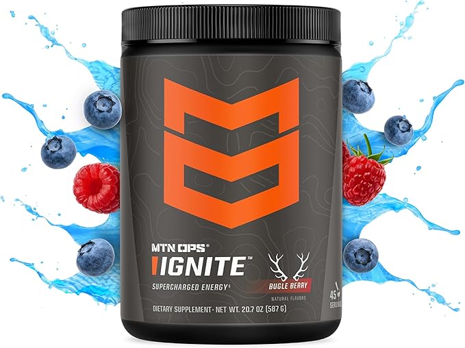 MTN OPS Ignite Energy Drink Powder, Gluten Free Nitric Oxide Supplement Drink Mix, L Arginine, L Citrulline, Caffeine & Nootropic Sugar Free Drink Mix, 45 Servings, Bugle Berry