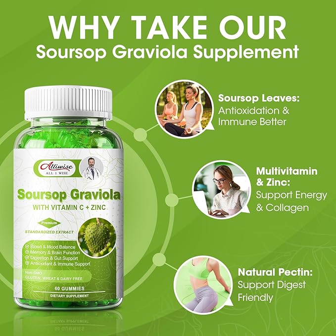 Natural Soursop Graviola Gummies Supplement, Original Soursop Leaves Extract with Vitamins C & Zinc for Women & Men, Multivitamin Soursop Fruit Supplement for Immunity & Antioxidant & Energy