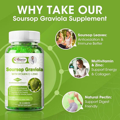 Natural Soursop Graviola Gummies Supplement, Original Soursop Leaves Extract with Vitamins C & Zinc for Women & Men, Multivitamin Soursop Fruit Supplement for Immunity & Antioxidant & Energy