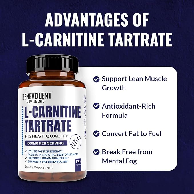 Premium L-Carnitine Tartrate Supplement - 1500mg - Utilize Fat for Energy with Tartrate, Lean Muscle Gain, Boost Natural Energy, Support Metabolism & Fatigue - 120 Non-GMO Pure L Carnitine Capsules