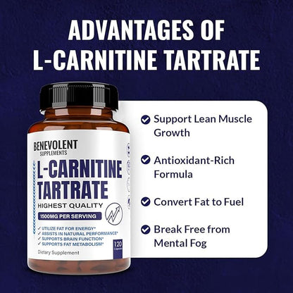 Premium L-Carnitine Tartrate Supplement - 1500mg - Utilize Fat for Energy with Tartrate, Lean Muscle Gain, Boost Natural Energy, Support Metabolism & Fatigue - 120 Non-GMO Pure L Carnitine Capsules