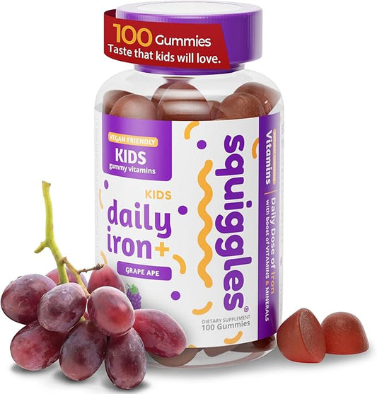 Squiggles Kids Daily Iron+ Gummies, Gummy Vitamin with Iron and Low Sugar, Boost of Vitamins, Minerals and Iron, Vegan Supplement, Chewy Yummy Gummies, Grape Flavor, 100 Gummies