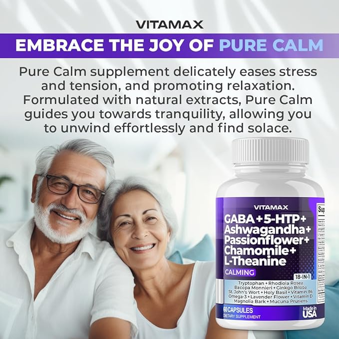 GABA 500mg 5 HTP 150mg Ginkgo Biloba L Tryptophan 500mg L Theanine 200mg Ashwagandha 2000mg - Calming Vitamins for Men and Women with - Made in USA - 120ct