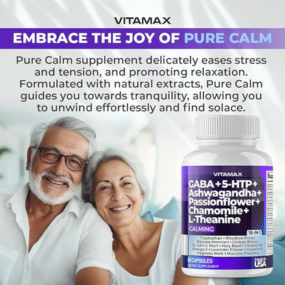 GABA 500mg 5 HTP 150mg Ginkgo Biloba L Tryptophan 500mg L Theanine 200mg Ashwagandha 2000mg - Calming Vitamins for Men and Women with - Made in USA - 120ct