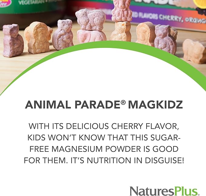 NaturesPlus Animal Parade MagKidz, Cherry Flavor - 0.38 lb - Children's Magnesium Powder Supplement - Bone & Muscle Health Support - Gluten Free, Sugar Free - 45 Servings