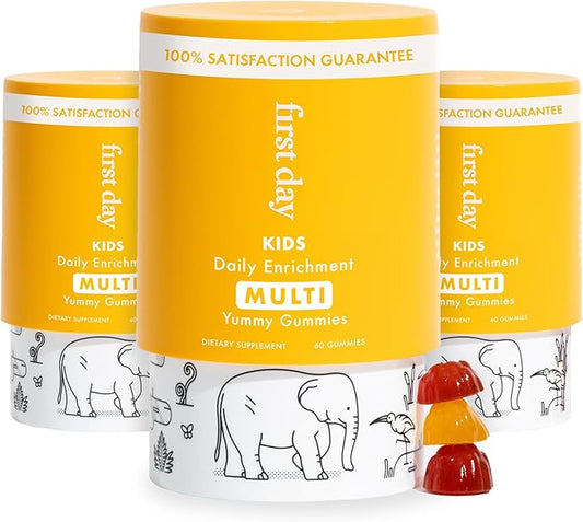 FIRST DAY Kids Daily Multivitamin Gummies – Vitamin A, D3, B6, B12, C, K2 & More to Support Growth, Brain Function, Immunity – Made w/Organic Fruits & Veggies, Only 2g Sugar – 3-Pk, 90 Day Supply