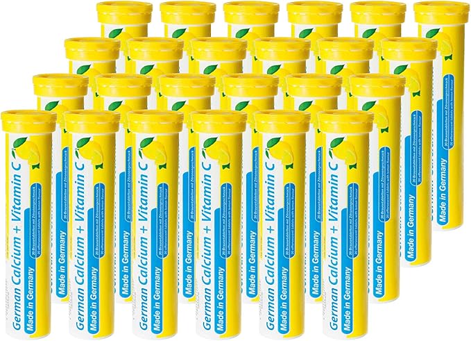 German Calcium + VIT. C - 480 Vegan Drink Effervescent Tablets - Lemon Lime Flavor - Made in Germany