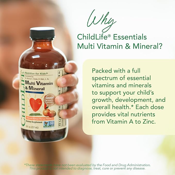 CHILDLIFE ESSENTIALS Kids Multivitamin & Mineral - Kids Vitamins, Liquid Multivitamin for Kids, Toddler Multivitamins, Liquid Vitamins, Baby Multivitamin - Natural Orange & Mango, 8 Fl Oz (Pack of 3)