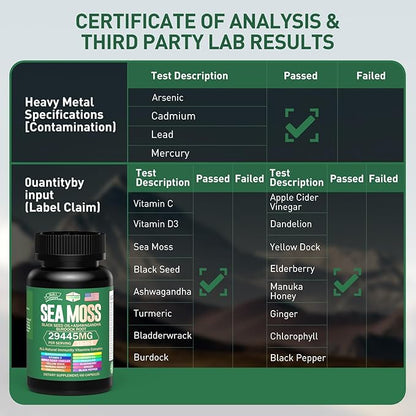 Sea Moss & Shilajit Multivitamin Bundle - Sea Moss 12000mg, Shilajit 9000mg, Black Seed Oil 6000mg, Ashwagandha 3000mg, Ginger,Rhodiola Rosea 2000mg, All in 1 Supplements (2 Pack)