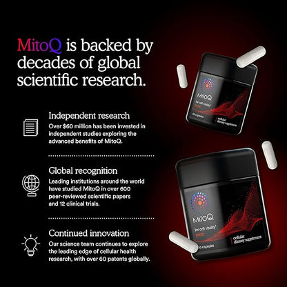 MitoQ Pure Mitochondria-targeted Antioxidant Supplement | Reducing Free Radical Damage & Oxidative Stress | Supports Cellular Longevity, Metabolic Health, Healthier Aging, and Energy (180 Capsules)