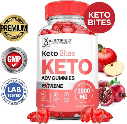 Keto Bites Keto ACV Gummies Extreme Formula 2000MG Vegan Non GMO with Pomegranate Juice Beet Root B12 60 Gummys