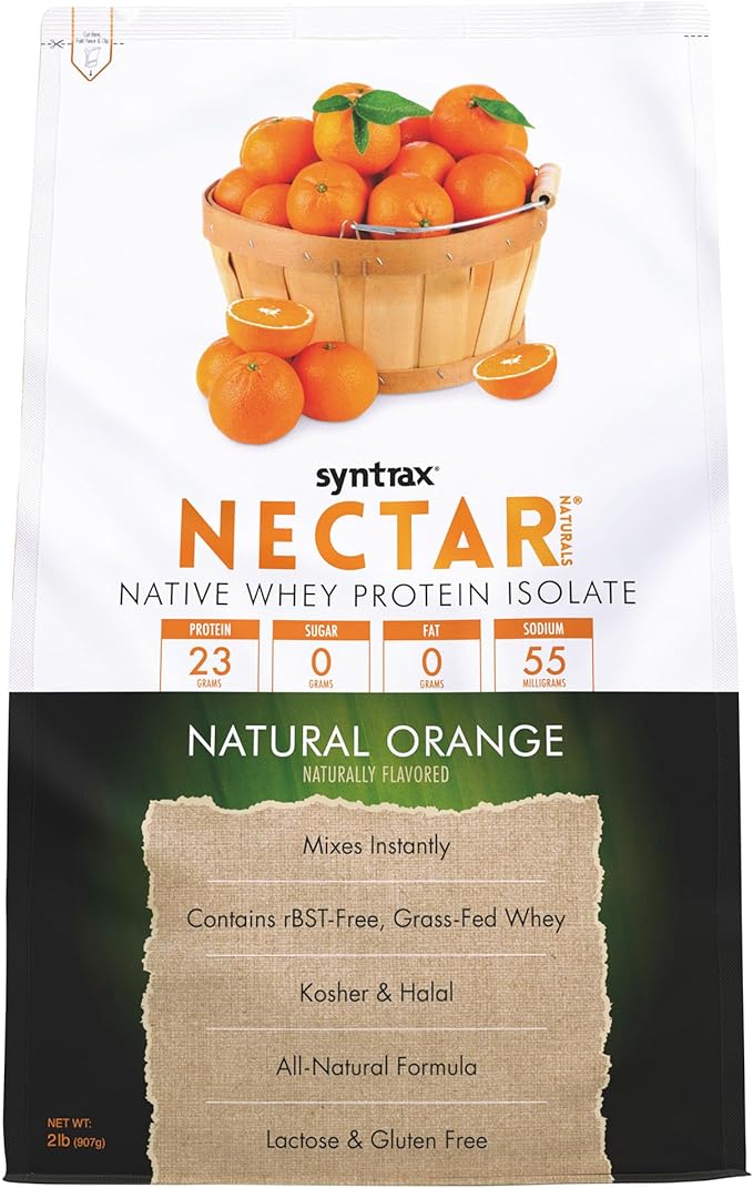 Syntrax Nectar Naturals, Native Grass-Fed Whey Protein Isolate, Refreshing Fruit-Juice Flavor, RBST-Free, All-Natural Formula, Mixes Instantly, Lactose & Gluten Free, Natural Orange, 2.0 lbs