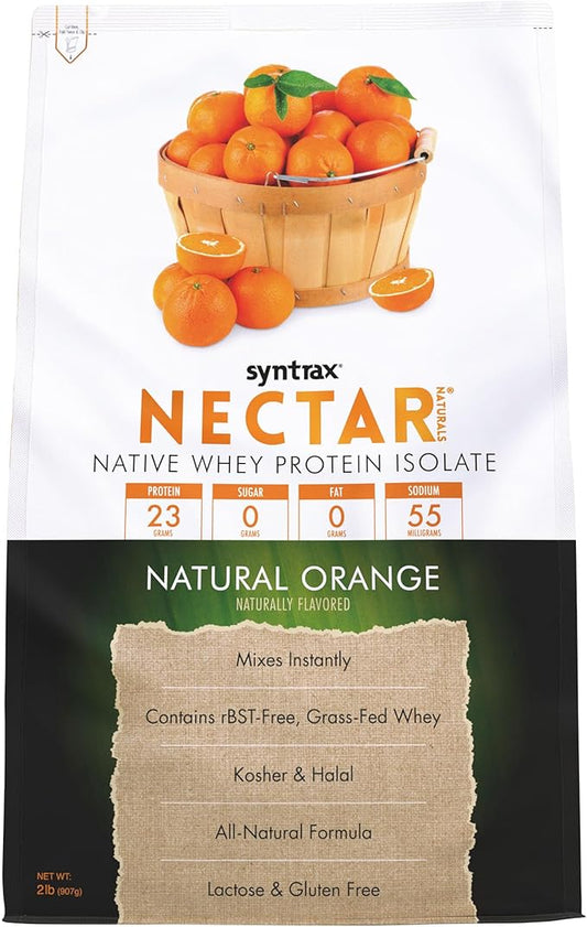 Syntrax Nectar Naturals, Native Grass-Fed Whey Protein Isolate, Refreshing Fruit-Juice Flavor, RBST-Free, All-Natural Formula, Mixes Instantly, Lactose & Gluten Free, Natural Orange, 2.0 lbs