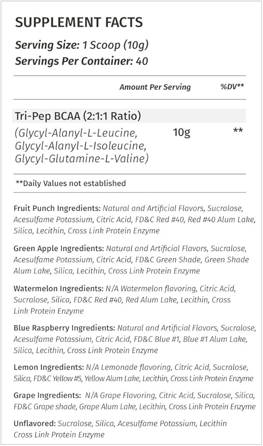 Metabolic Nutrition - TRIPEP - Tri-Peptide Branch Chain Amino Acid, BCAA Powder, Pre Intra Post Workout Supplement, Unflavored, 400 Grams (40 Servings)