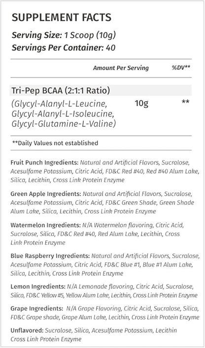 Metabolic Nutrition - TRIPEP - Tri-Peptide Branch Chain Amino Acid, BCAA Powder, Pre Intra Post Workout Supplement, Unflavored, 400 Grams (40 Servings)