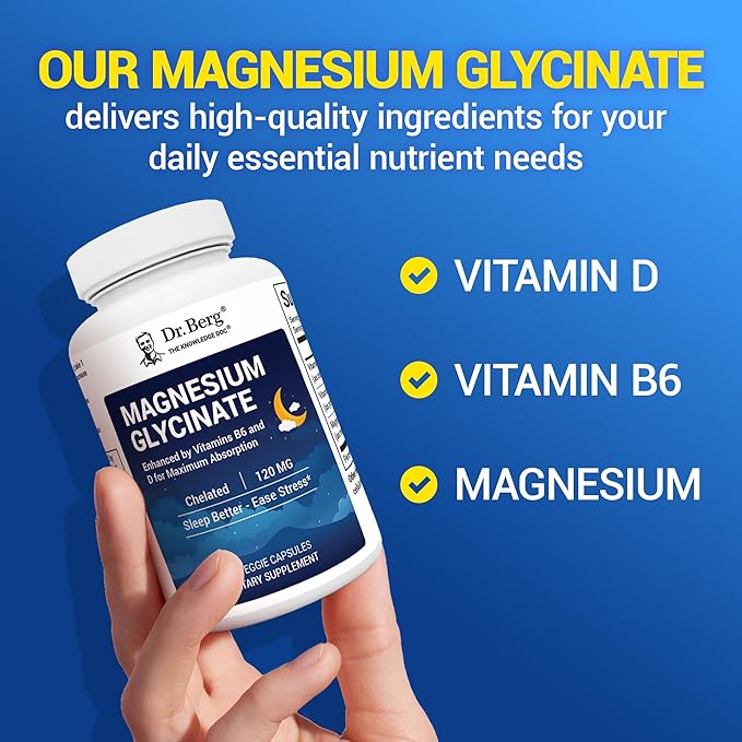 Dr. Berg Magnesium Glycinate with Vitamin D & B6 for Stress Relief, Calm, Relaxation, & Good Sleep* - 120 mg Magnesium Bisglycinate Capsules - High Absorption Chelated Magnesium Glycinate - 90 Caps